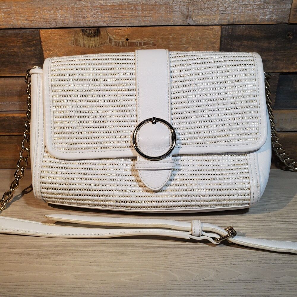Talbots White Woven Crossbody Purse Gold Chain Strap Flap Handbag Summer Bag